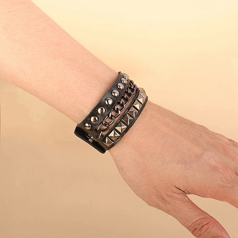 Punk Studded Leather Bracelet – Adjustable Gothic Rivet Cuff for Men & Women
