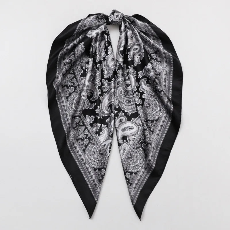 Black Cashew Print Scarf – Trendy Imitation Silk Headscarf for Spring & Summer
