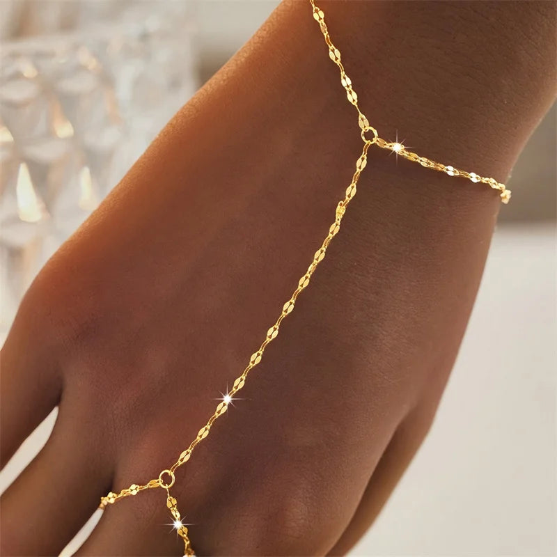 Minimalist Chain Hand Bracelet – Delicate Finger-Connected Design with Vintage Bead Details