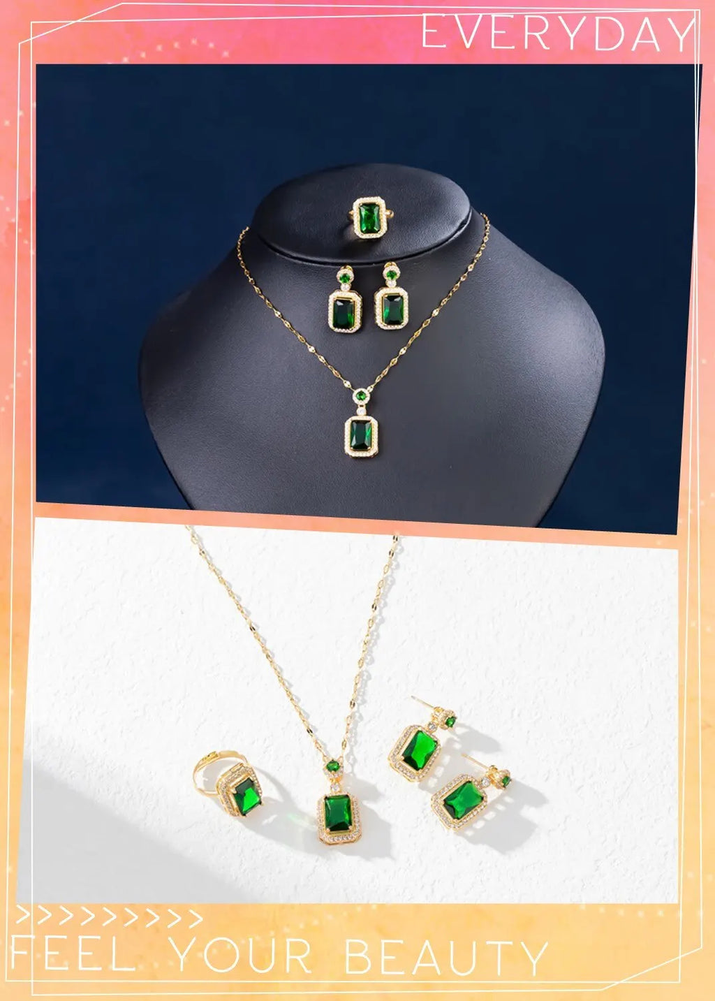 Emerald Crystal Titanium Steel Jewelry Set – Light Luxury Pendant, Ring & Earrings for Women