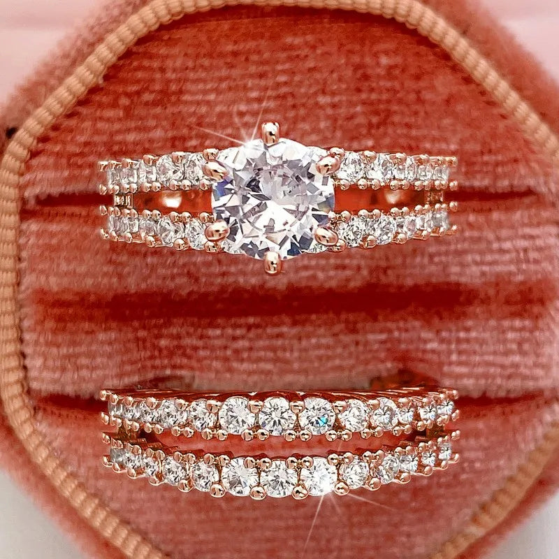 Huitan Hollow Bling Ring Set – 2-Piece Iced-Out CZ Luxury Wedding & Engagement Style