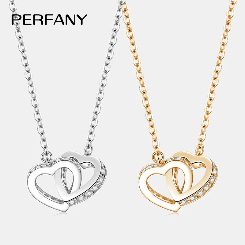 PERFANY Moissanite Double Heart Necklace – S925 Silver Luxury Lab-Diamond Pendant for Women