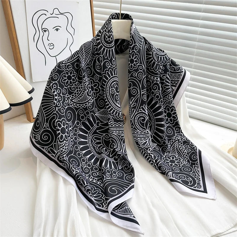 Silk Feel Scarf – Twill Square Wrap with Luxury Tree Print for Hair, Neck & Hijab
