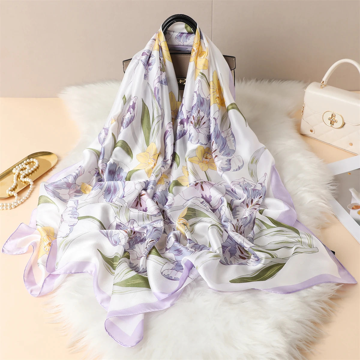 Luxury Silk Satin Scarf –  Large Wrap for Women, Elegant Beach & Hijab Style