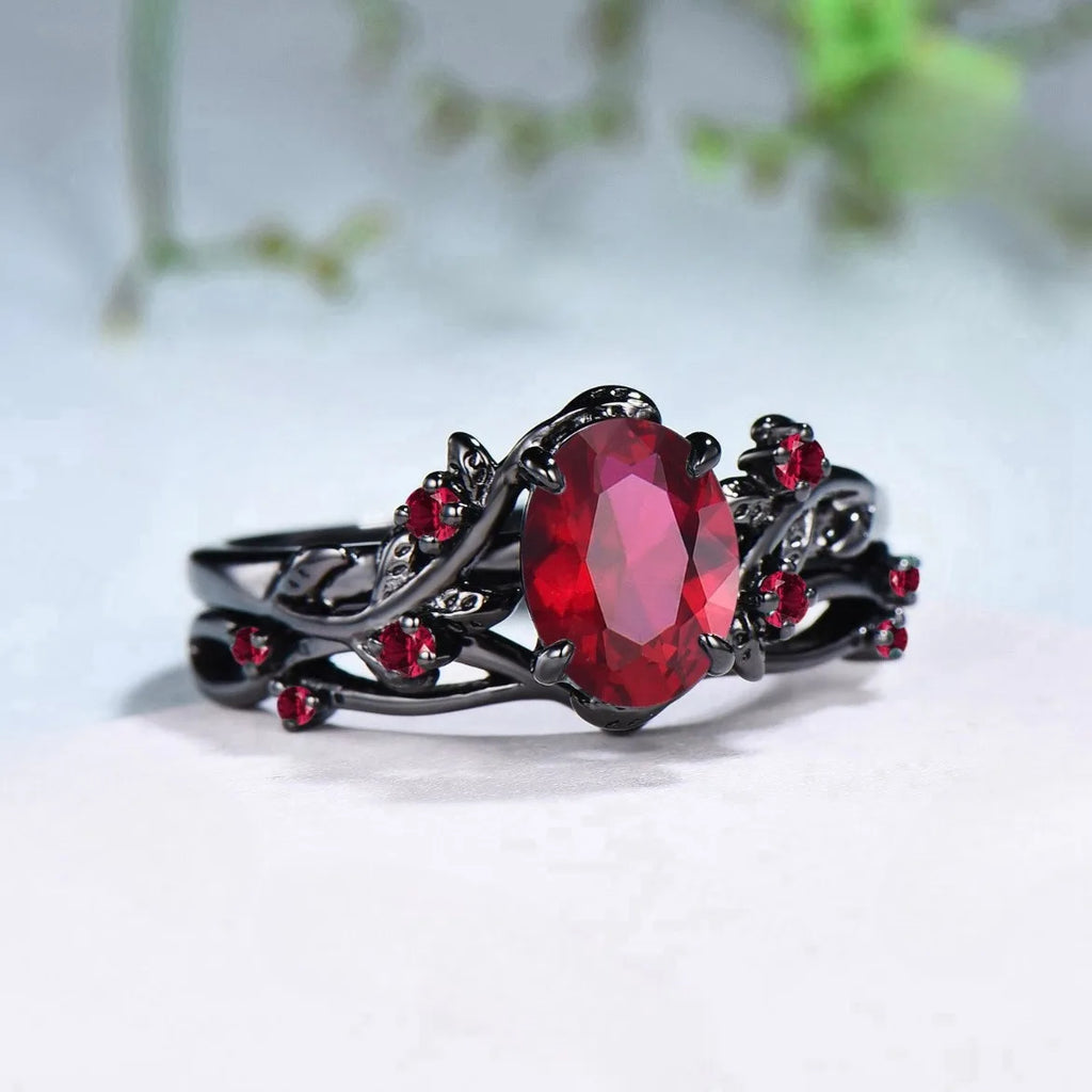 Couple Ring Set – Red Rhinestone Women’s Band & Stainless Steel Celtic Dragon Men’s Ring, Romantic Wedding Style