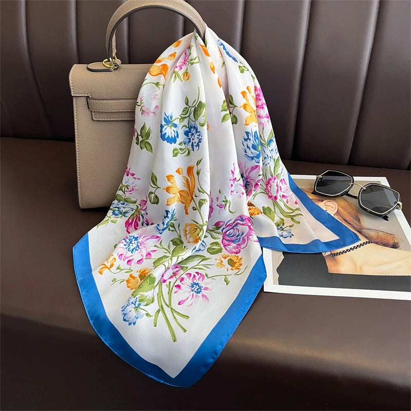 Bohemian Floral Silk Scarf – Luxury Square Satin Wrap for Hair, Neck & Hijab