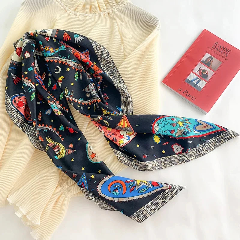 Silk Feel Scarf – Twill Square Wrap with Luxury Tree Print for Hair, Neck & Hijab