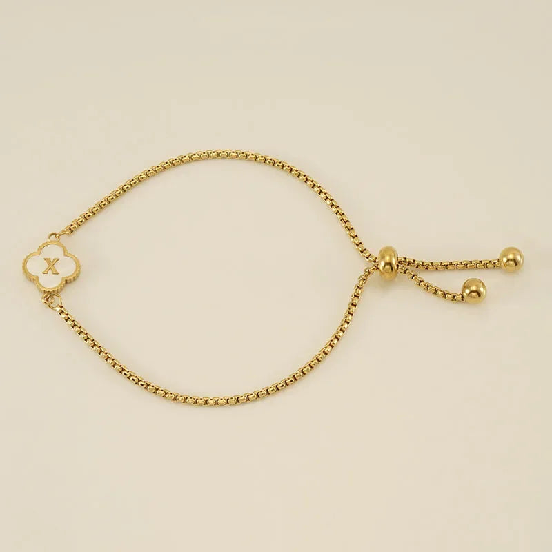 Mother of Pearl Initial Bracelet – A–Z Letter Clover Charm in Gold Stainless Steel