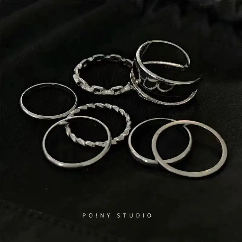 7pcs Ring set Instagram Hip Hop Style Adjustable Index Finger Joint Ring Style Retro Punk Style Men's and Women's Ring Set