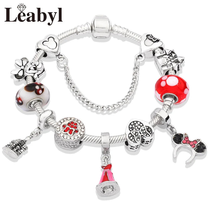 Disney Pink Crystal Charm Bracelet – Colorful Handmade Enamel Beads for Women