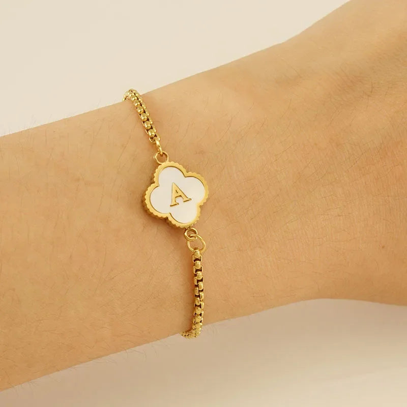 Mother of Pearl Initial Bracelet – A–Z Letter Clover Charm in Gold Stainless Steel