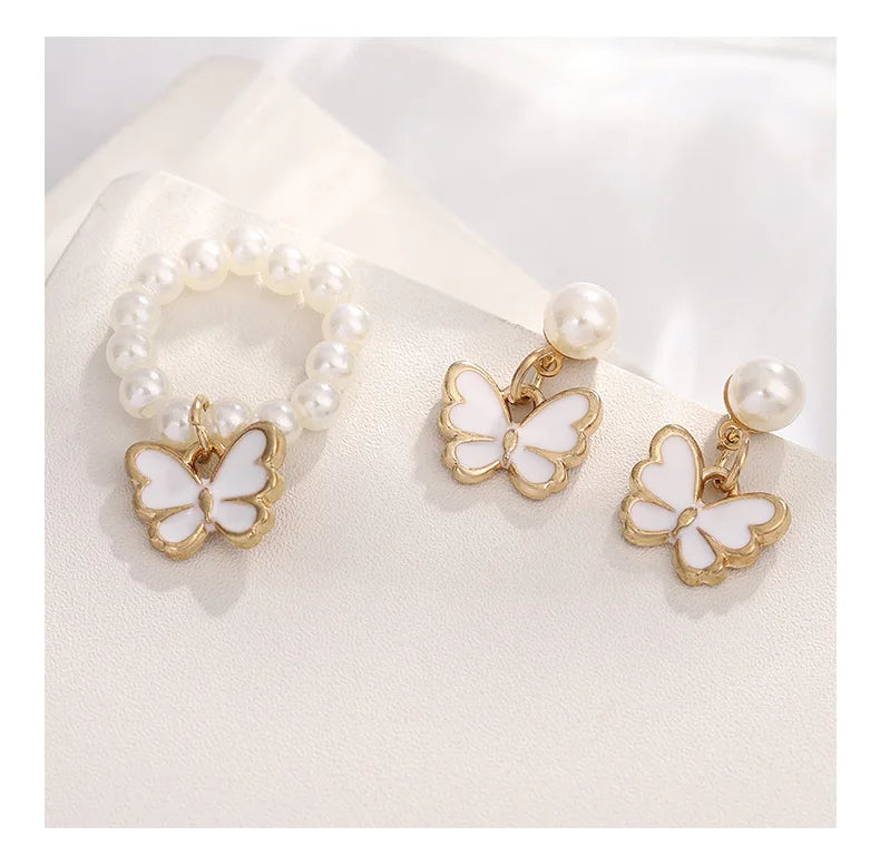 4-Piece Butterfly Jewelry Set – Imitation Pearl Necklace & Earrings for Women and Girls