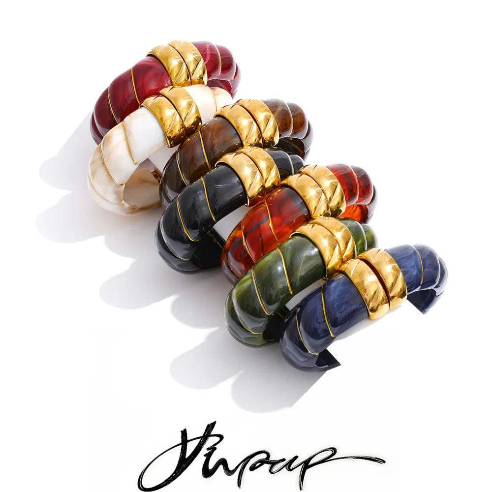 Yhpup Multi-Color Resin Statement Bracelet – Wide Acrylic Bangle with Stainless Steel Accents