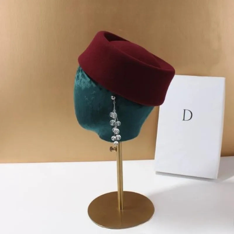 Vintage Wool Felt Beret – Elegant Hard-Top Pillbox Fedora for Weddings & Cocktail Parties