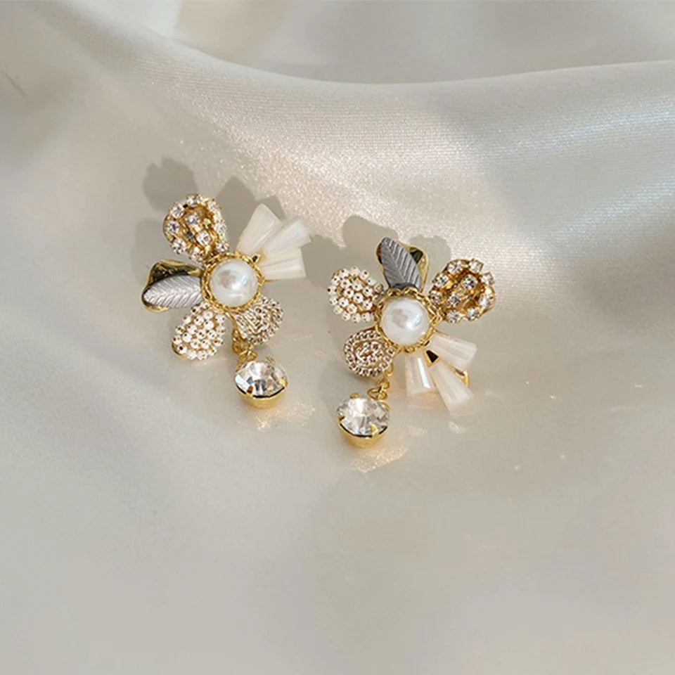 ZAKOL Crystal Flower Earrings – Sweet Korean-Style Gold Sparkle for Women & Girls