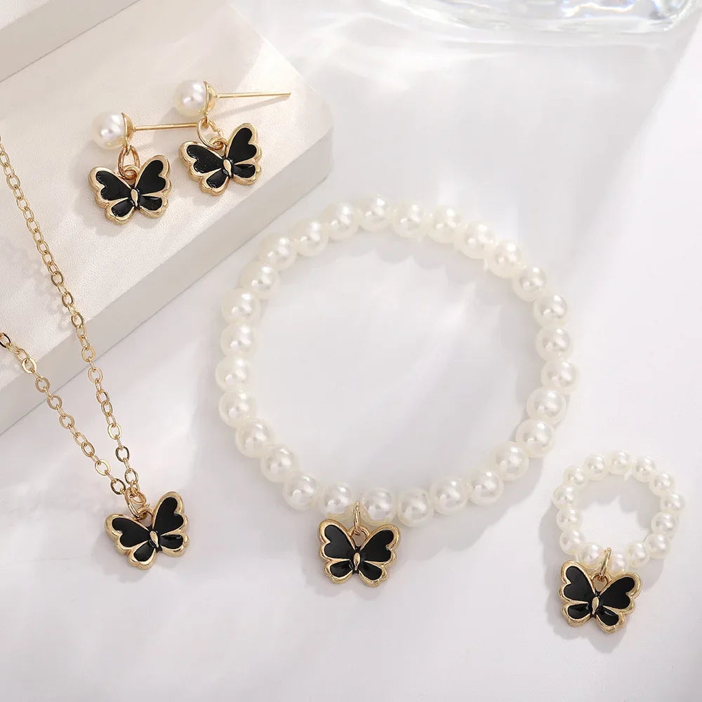 4-Piece Butterfly Jewelry Set – Imitation Pearl Necklace & Earrings for Women and Girls