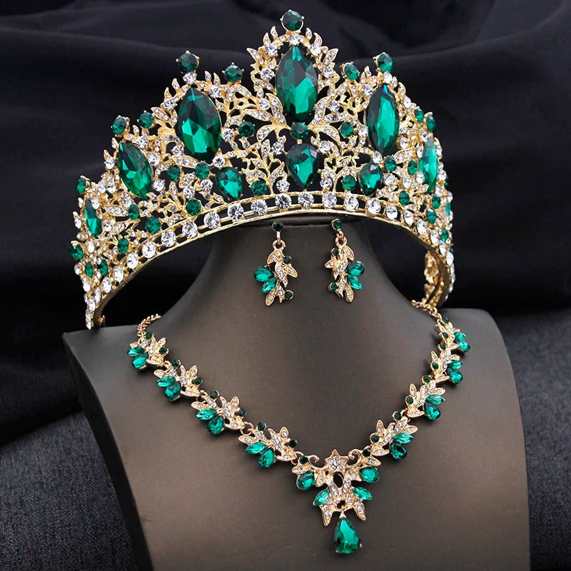 Bridal Green Crystal Tiara Set – Elegant Crown, Necklace & Earrings for Weddings and Prom