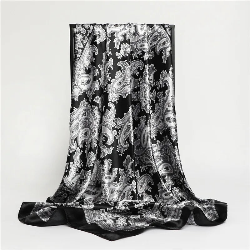 Black Cashew Print Scarf – Trendy Imitation Silk Headscarf for Spring & Summer