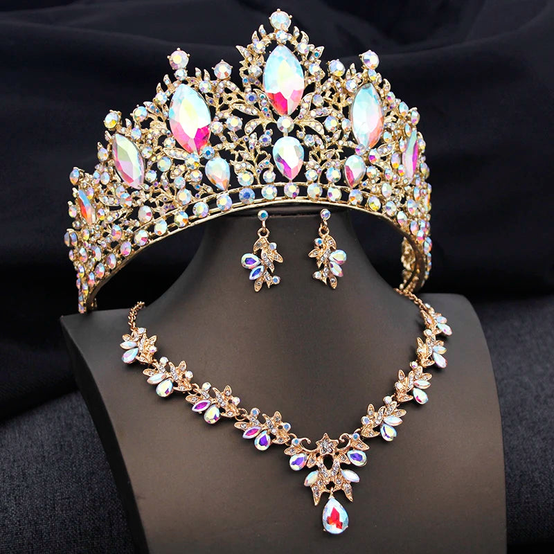 Bridal Green Crystal Tiara Set – Elegant Crown, Necklace & Earrings for Weddings and Prom