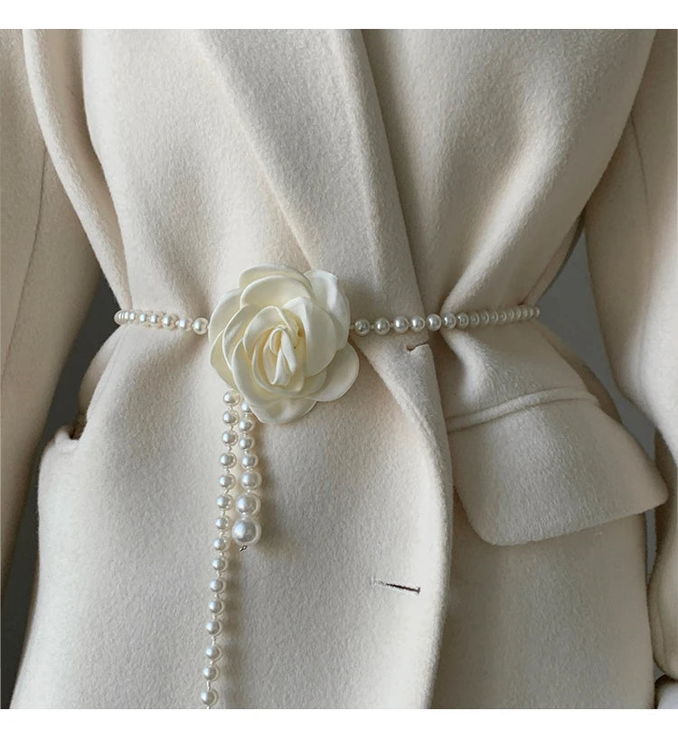 Pearl Camellia Waist Belt – Elegant Decorative Belt for Dresses, Coats & Jackets
