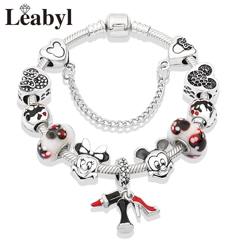 Disney Pink Crystal Charm Bracelet – Colorful Handmade Enamel Beads for Women