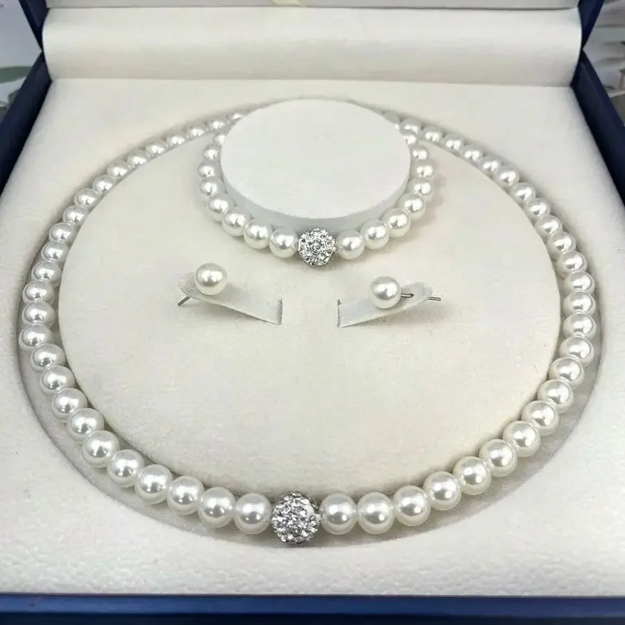 3-Piece Pearl Fireball Jewelry Set – Elegant Silver Necklace, Bracelet & Stud Earrings for Brides