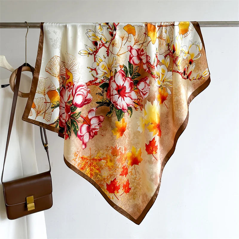 Silk Feel Scarf – Twill Square Wrap with Luxury Tree Print for Hair, Neck & Hijab