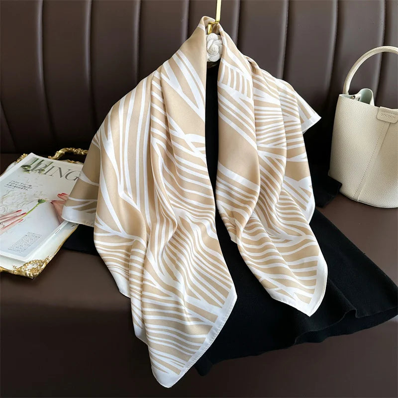 Silk Feel Scarf – Twill Square Wrap with Luxury Tree Print for Hair, Neck & Hijab