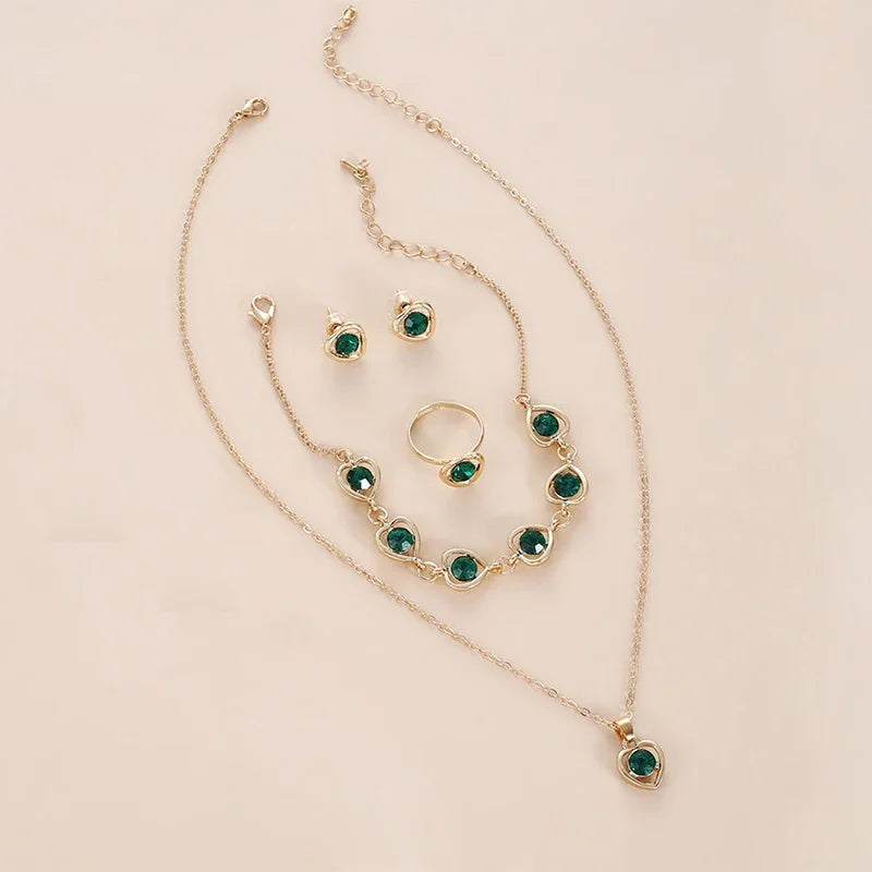 5-Piece Gold Heart Jewelry Set – Elegant Double Heart Necklace, Ring & Earrings with Rhinestones