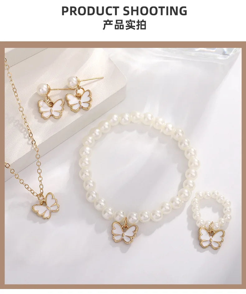 4-Piece Butterfly Jewelry Set – Imitation Pearl Necklace & Earrings for Women and Girls