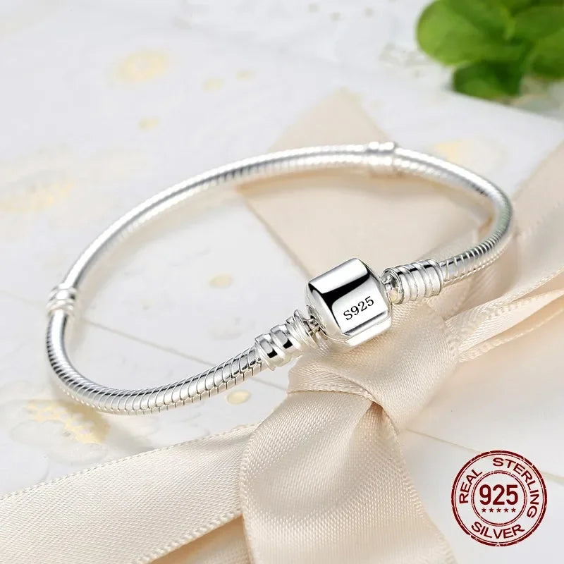 Handmade 925 Sterling Silver Charm Bracelet – Smooth Snake Chain for Women