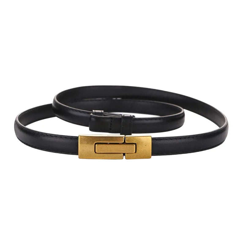 Skinny Genuine Leather Belt – Slim Adjustable Dress Waist Belt with Alloy Buckle