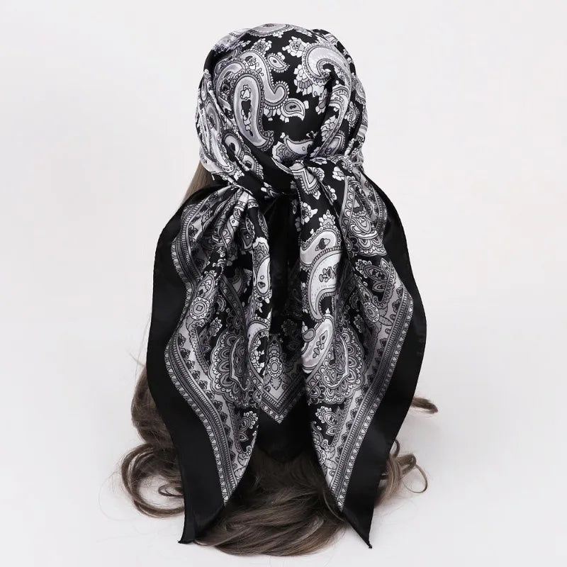 Black Cashew Print Scarf – Trendy Imitation Silk Headscarf for Spring & Summer