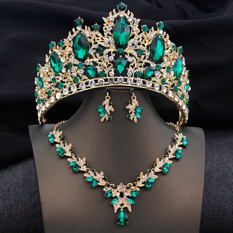 Bridal Green Crystal Tiara Set – Elegant Crown, Necklace & Earrings for Weddings and Prom
