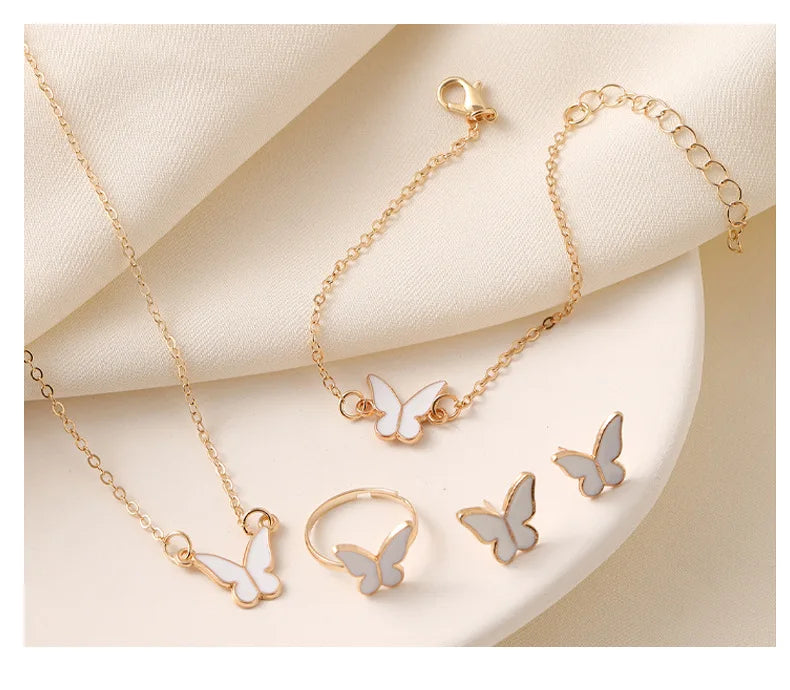 4-Piece Butterfly Jewelry Set – Imitation Pearl Necklace & Earrings for Women and Girls