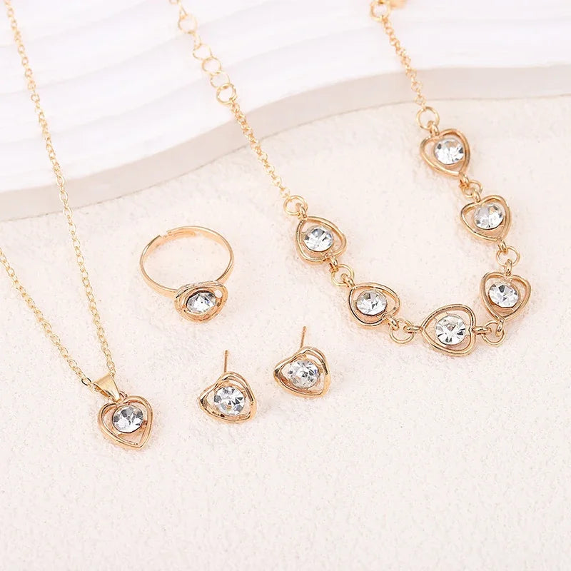 5-Piece Gold Heart Jewelry Set – Elegant Double Heart Necklace, Ring & Earrings with Rhinestones
