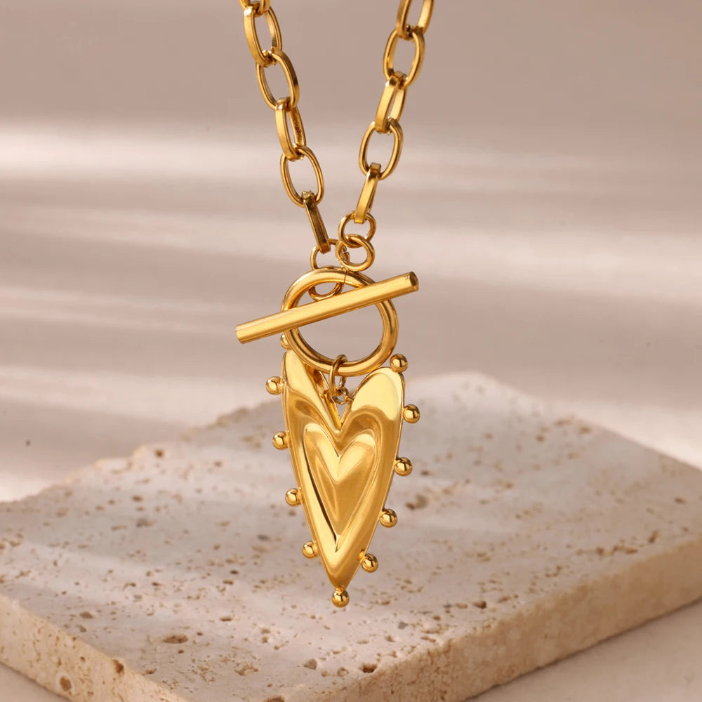 Punk Gold Heart Pendant Necklace – Stainless Steel OT Buckle Beaded Choker, Y2K Style