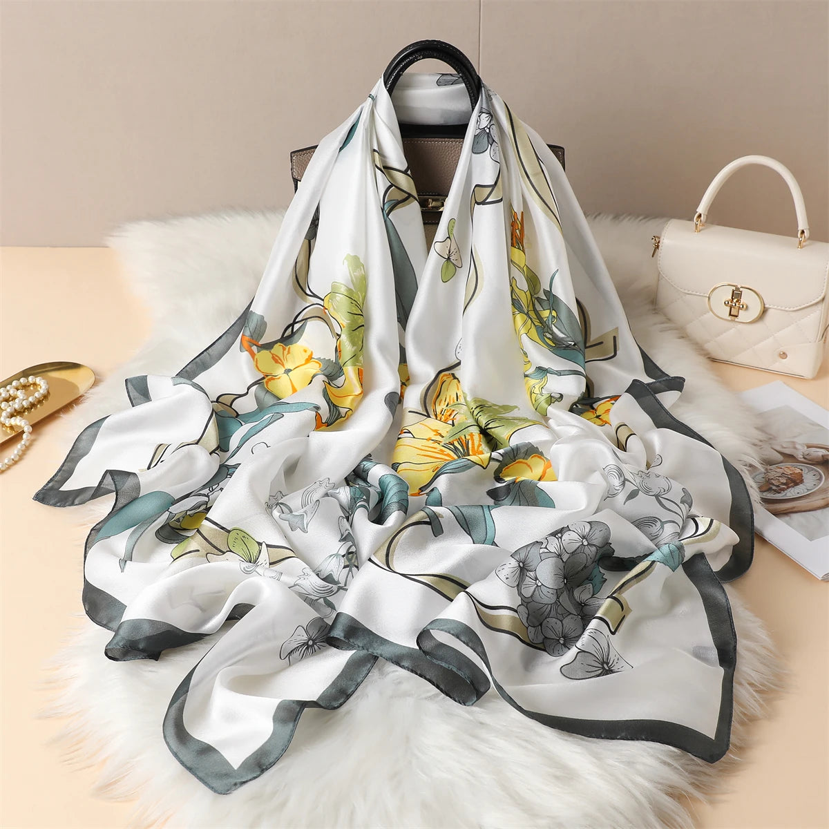 Luxury Silk Satin Scarf –  Large Wrap for Women, Elegant Beach & Hijab Style