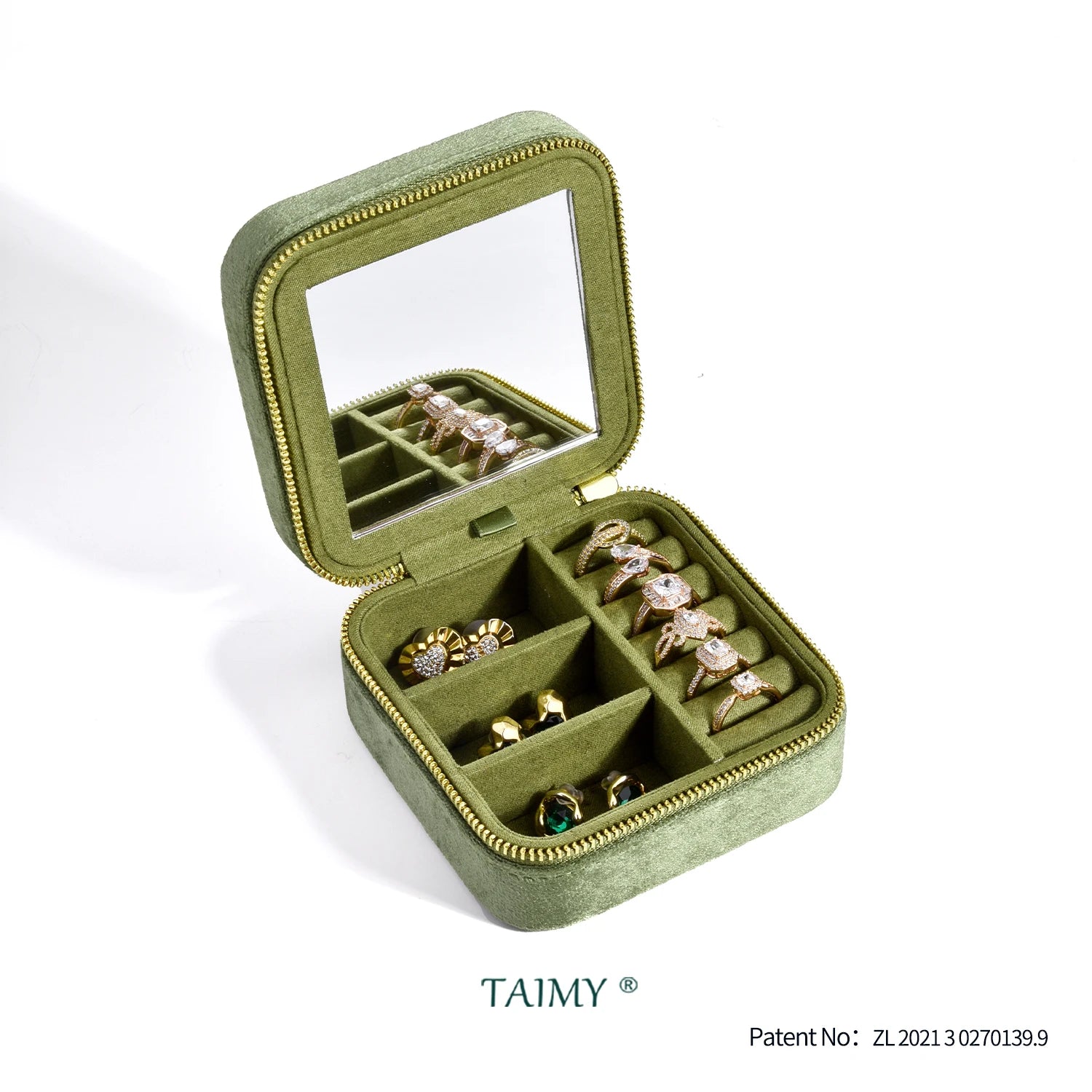 TAIMY Vintage Velvet Jewelry Box – Retro Green Travel Ring Case with Mirror