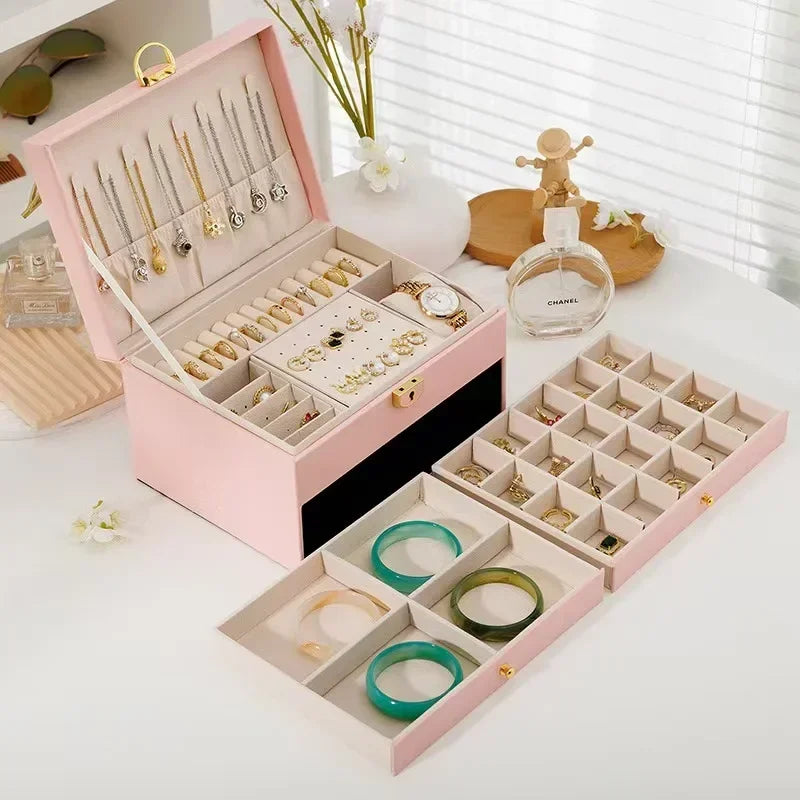 Three-Layer Retro PU Jewelry Box – High-Quality Green Case for Necklaces, Earrings, Rings & Bracelets