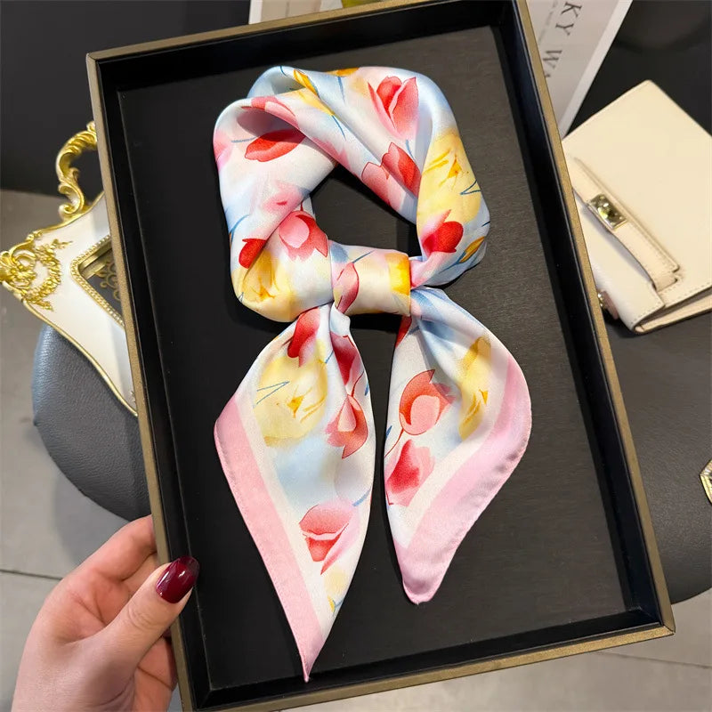 Bohemian Floral Silk Scarf – Luxury Square Satin Wrap for Hair, Neck & Hijab