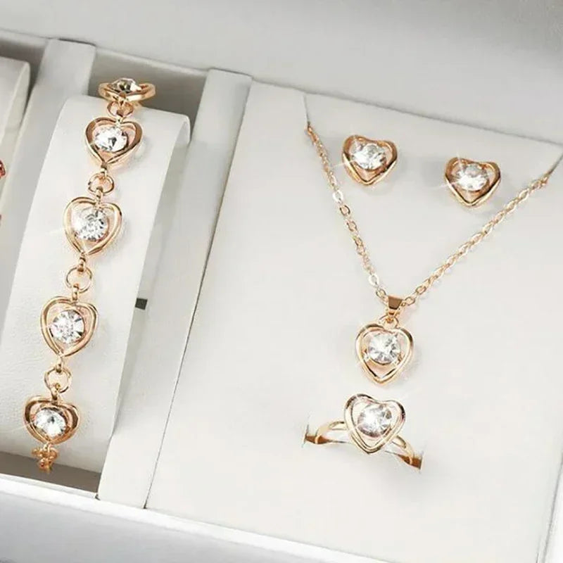 5-Piece Gold Heart Jewelry Set – Elegant Double Heart Necklace, Ring & Earrings with Rhinestones