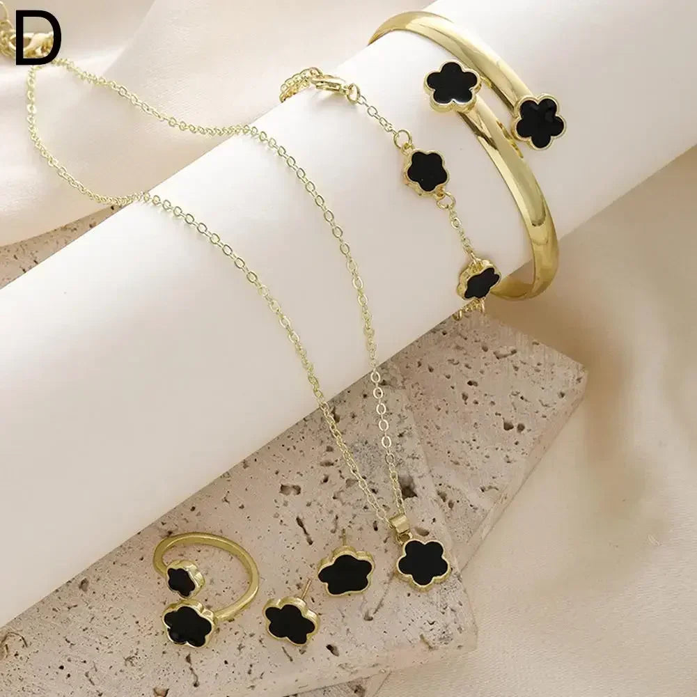 5-Piece Plum Blossom Jewelry Set – Elegant Floral Earrings, Ring, Bracelet & Necklace Gift Set
