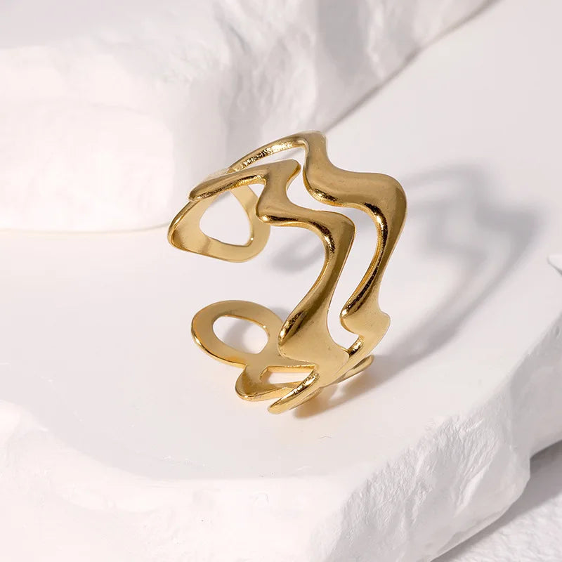 Irregular Wave Ring – Adjustable Gold Stainless Steel Statement Piece for Women & Men