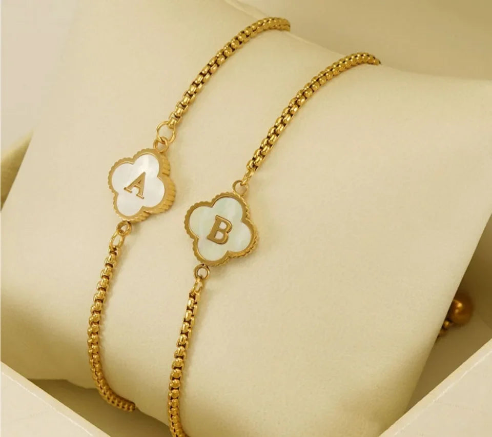 Mother of Pearl Initial Bracelet – A–Z Letter Clover Charm in Gold Stainless Steel