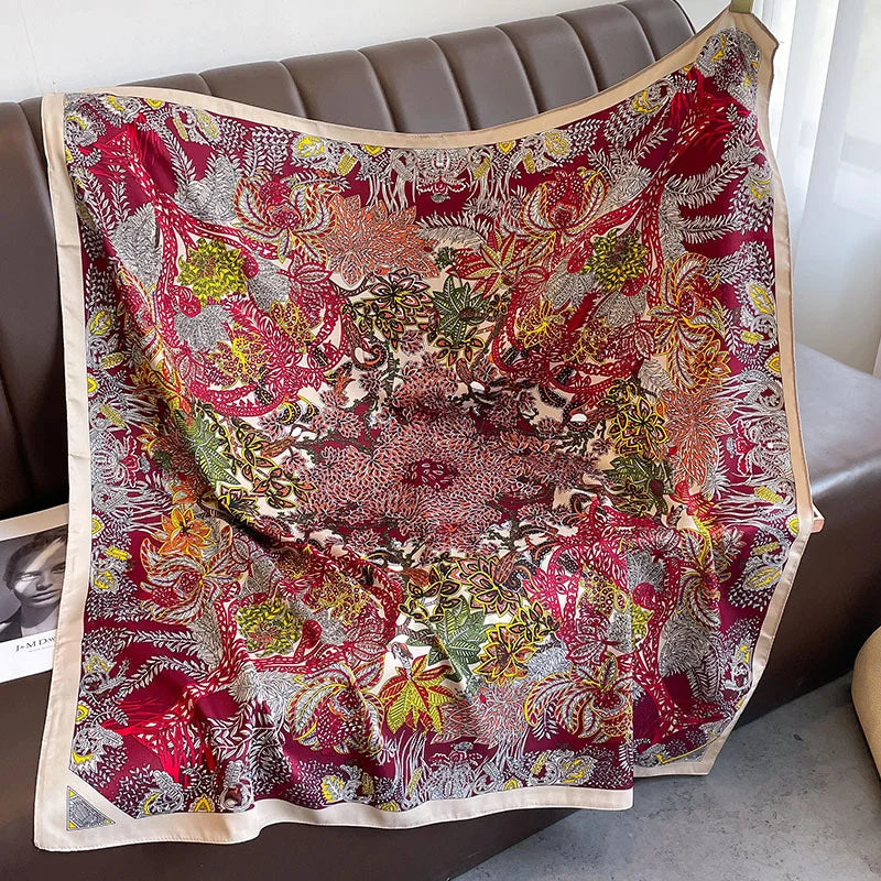 Silk Feel Scarf – Twill Square Wrap with Luxury Tree Print for Hair, Neck & Hijab
