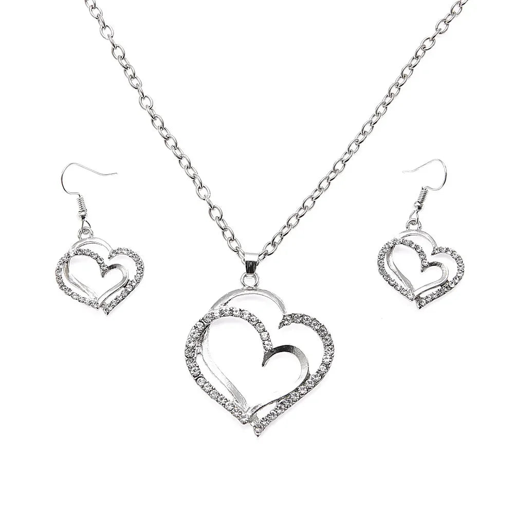 3-Piece Double Heart Jewelry Set – Rhinestone Necklace & Earrings for Women