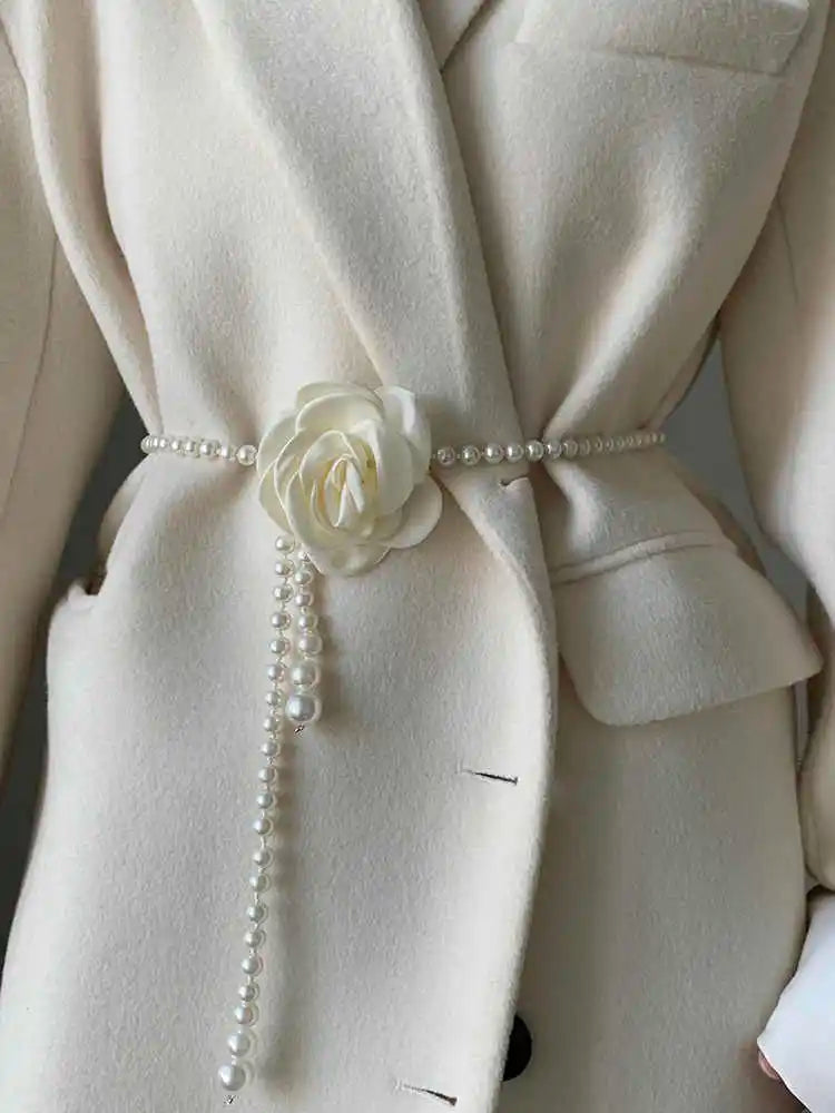 Pearl Camellia Waist Belt – Elegant Decorative Belt for Dresses, Coats & Jackets
