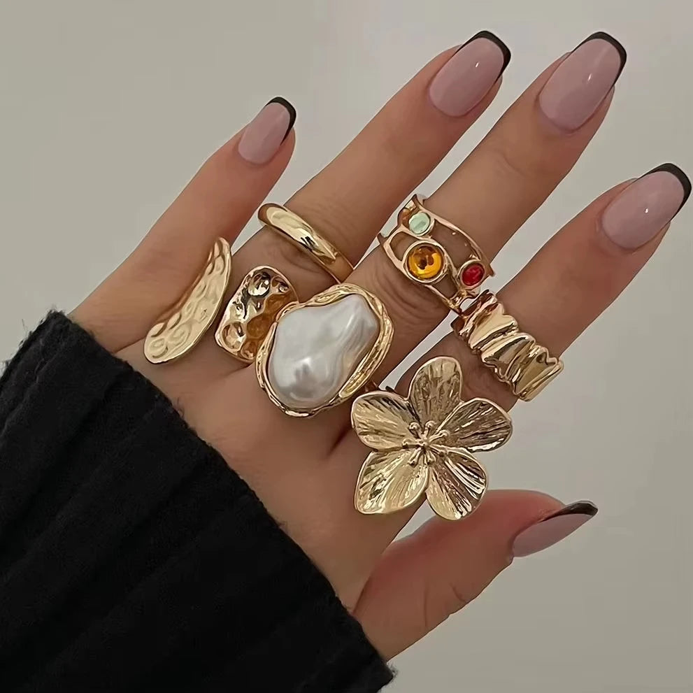 Irregular Metal Flower Ring – Elegant Open Design with Imitation Pearl for Women