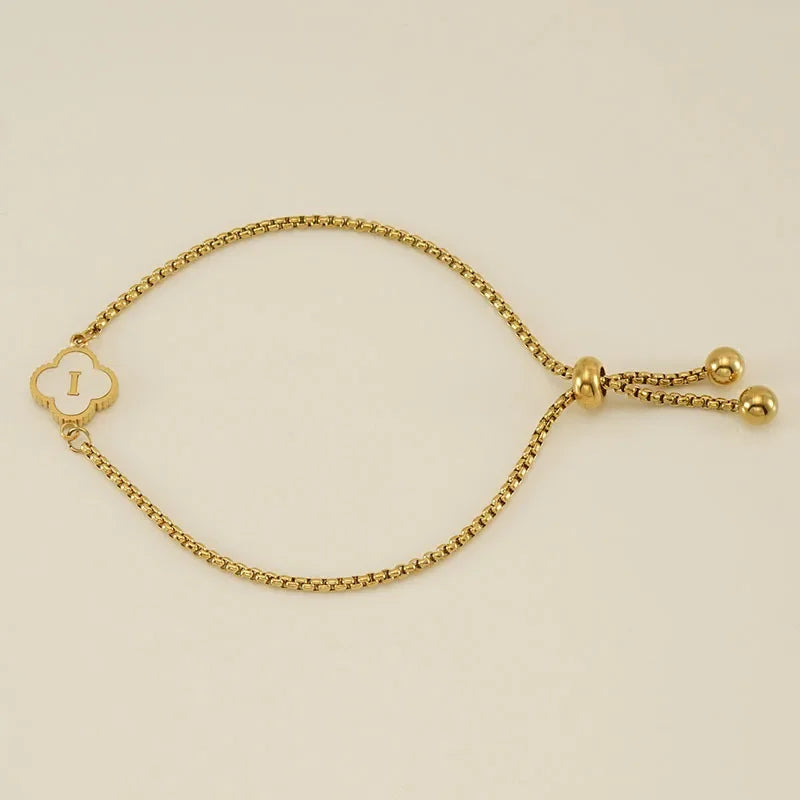 Mother of Pearl Initial Bracelet – A–Z Letter Clover Charm in Gold Stainless Steel